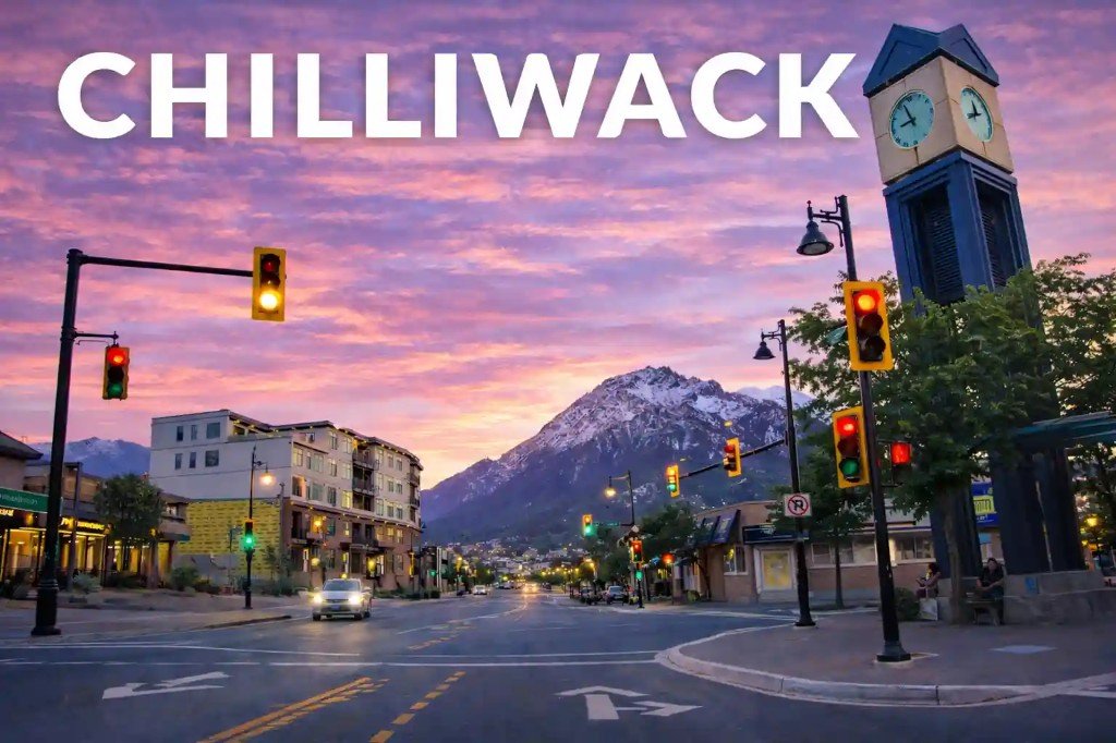 Downtown Chilliwack with mountains - local driving lessons in the Fraser Valley